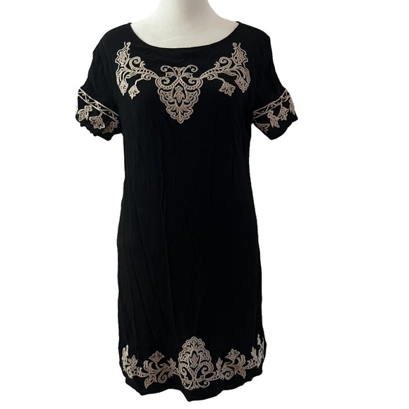 LULU’S Tale to Tell Black & Beige Embroidered Shift Dress - Picture 3 of 8